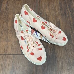 NWT. Superga Pink Canvas Sneaker with red hearts, Size 8.5